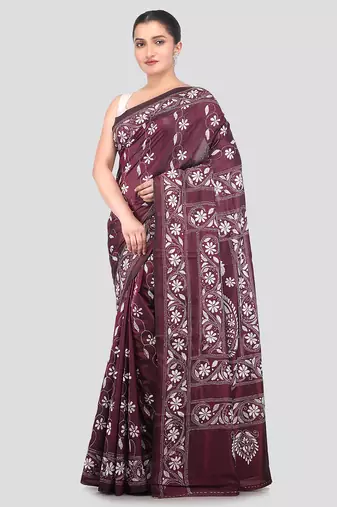 wine handloom silk embroidered katha stitch work saree with blouse piece