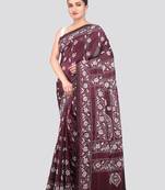 wine handloom silk embroidered katha stitch work saree with blouse piece