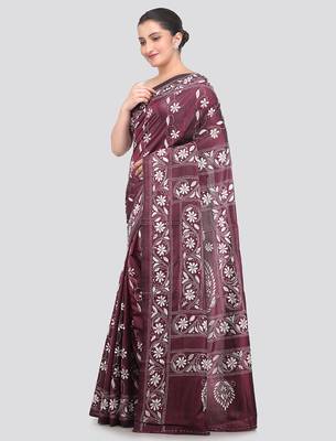 wine handloom silk embroidered katha stitch work saree with blouse piece 2
