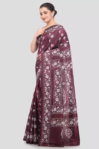 wine handloom silk embroidered katha stitch work saree with blouse piece