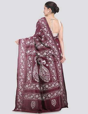 wine handloom silk embroidered katha stitch work saree with blouse piece 3