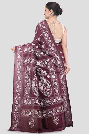wine handloom silk embroidered katha stitch work saree with blouse piece