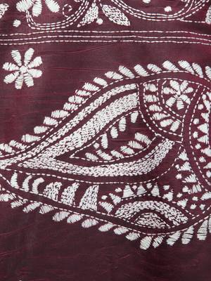 wine handloom silk embroidered katha stitch work saree with blouse piece 4