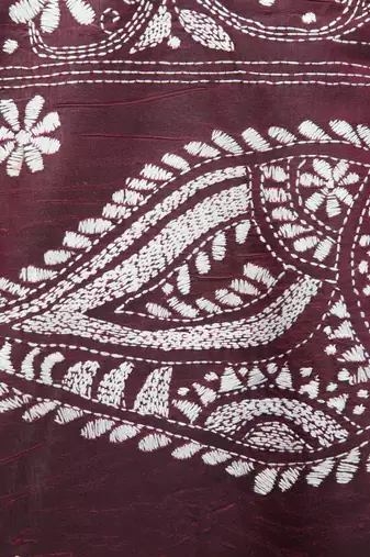 wine handloom silk embroidered katha stitch work saree with blouse piece