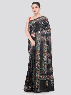 Black handloom silk embroidered katha stitch work saree with blouse piece 1