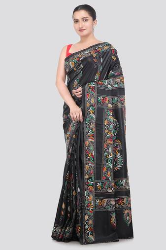 Black handloom silk embroidered katha stitch work saree with blouse piece