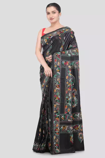 Black handloom silk embroidered katha stitch work saree with blouse piece