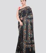 Black handloom silk embroidered katha stitch work saree with blouse piece