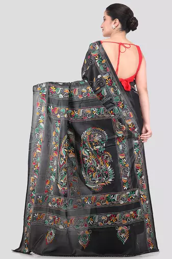 Black handloom silk embroidered katha stitch work saree with blouse piece