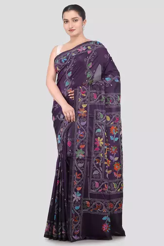 blue handloom silk embroidered katha stitch work saree with blouse piece