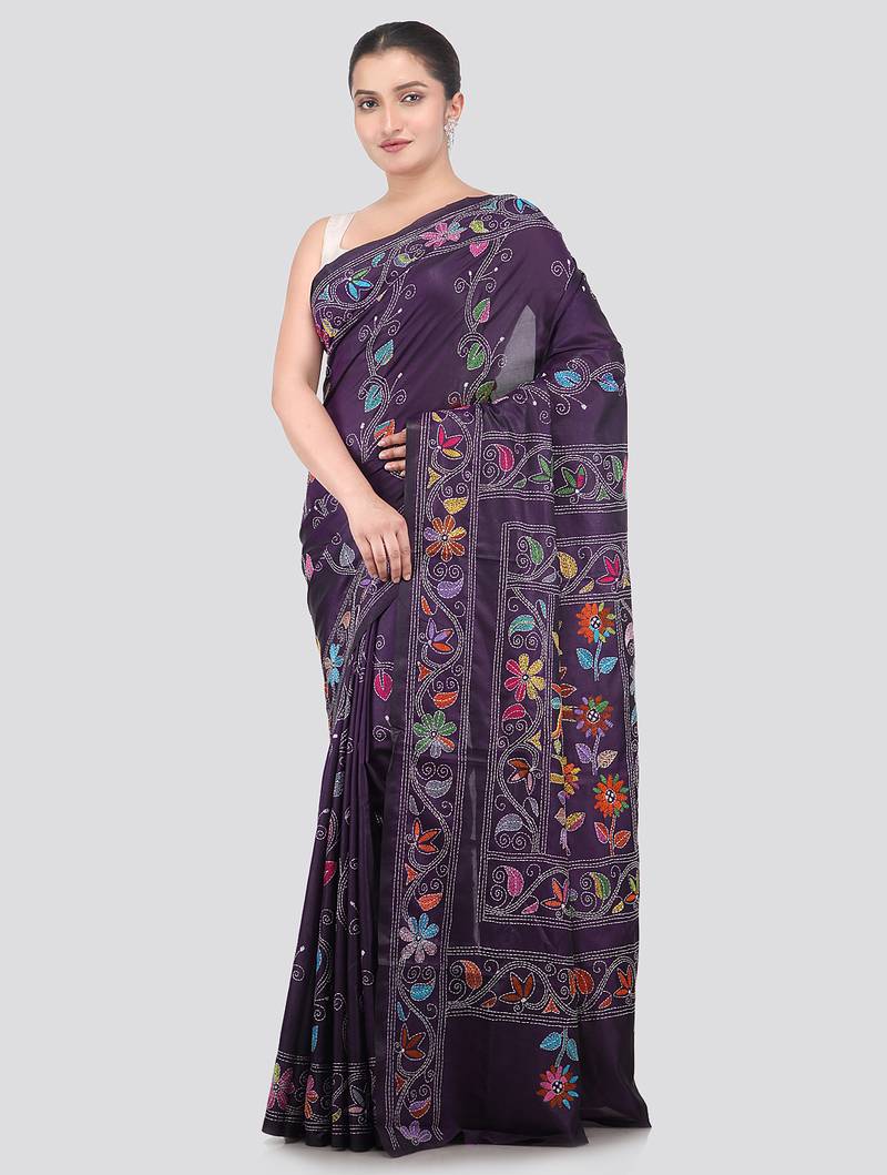 blue handloom silk embroidered katha stitch work saree with blouse piece