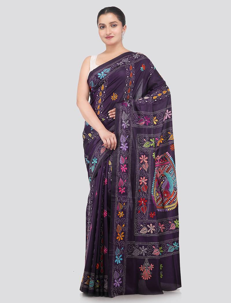 blue handloom silk embroidered katha stitch work saree with blouse piece