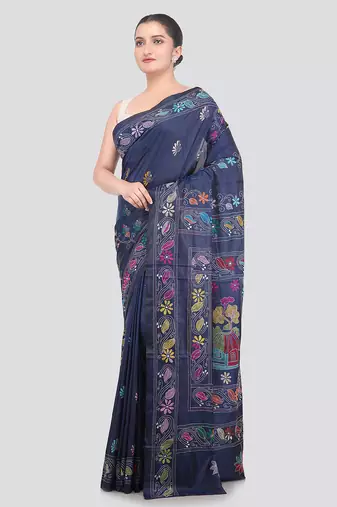 blue handloom silk embroidered katha stitch work saree with blouse piece