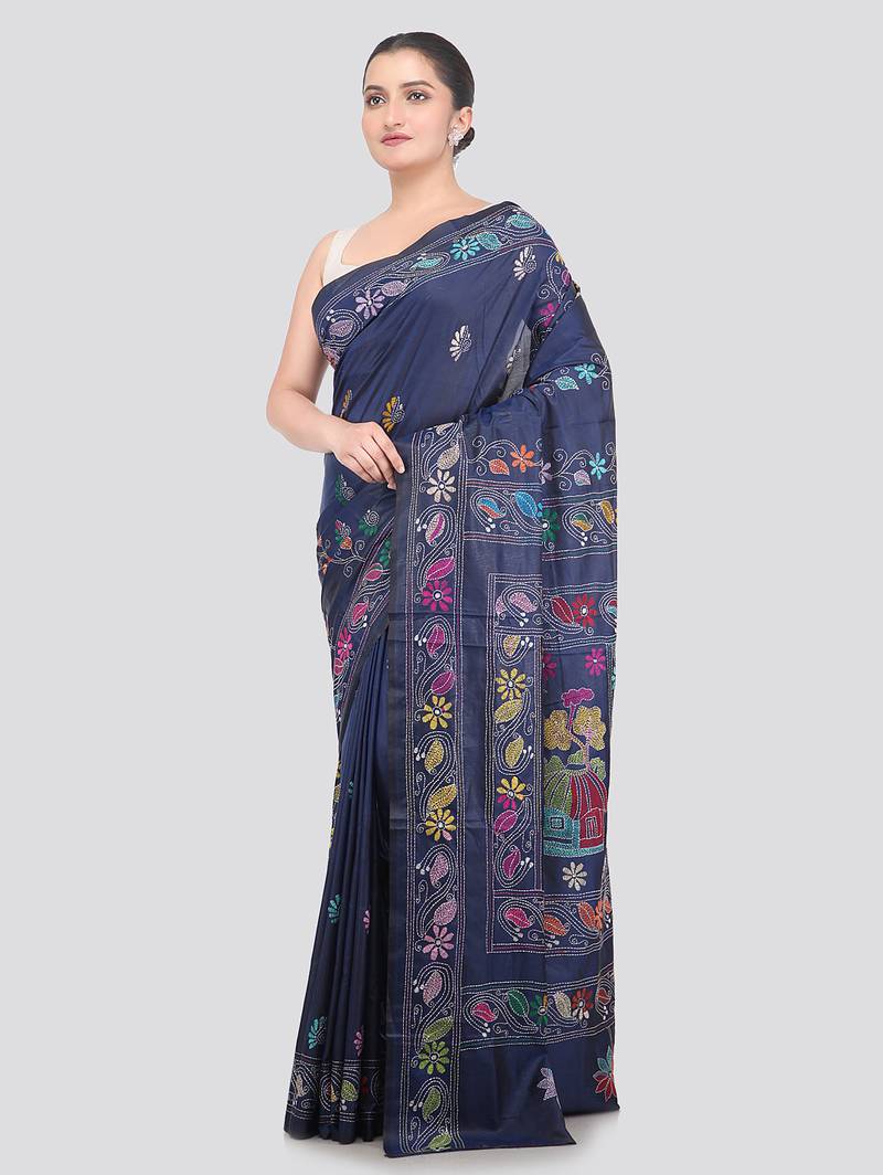 blue handloom silk embroidered katha stitch work saree with blouse piece