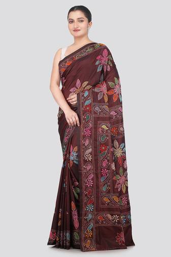 wine handloom silk embroidered katha stitch work saree with blouse piece