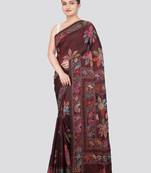 wine handloom silk embroidered katha stitch work saree with blouse piece