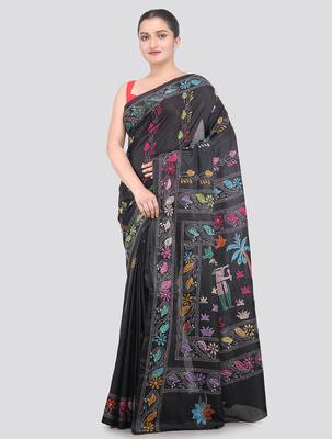 green handloom silk embroidered katha stitch work saree with blouse piece 1