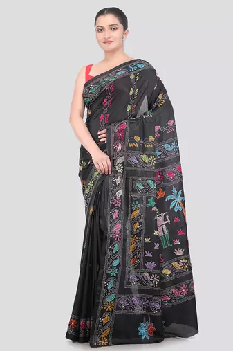 green handloom silk embroidered katha stitch work saree with blouse piece