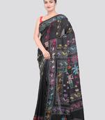 green handloom silk embroidered katha stitch work saree with blouse piece