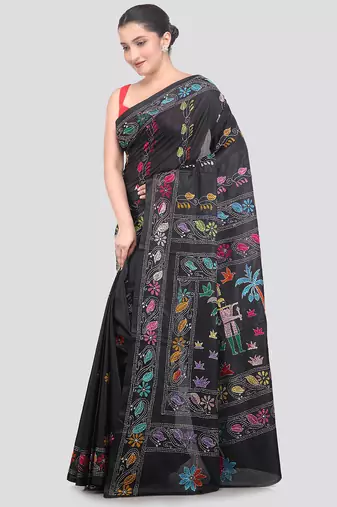 green handloom silk embroidered katha stitch work saree with blouse piece
