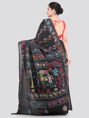 green handloom silk embroidered katha stitch work saree with blouse piece 3