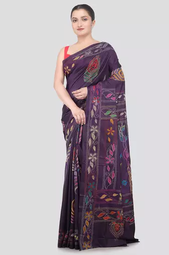 blue handloom silk embroidered katha stitch work saree with blouse piece