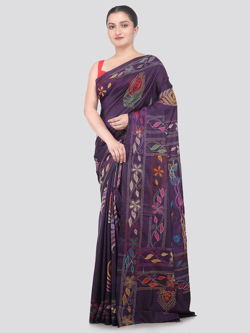 blue handloom silk embroidered katha stitch work saree with blouse piece