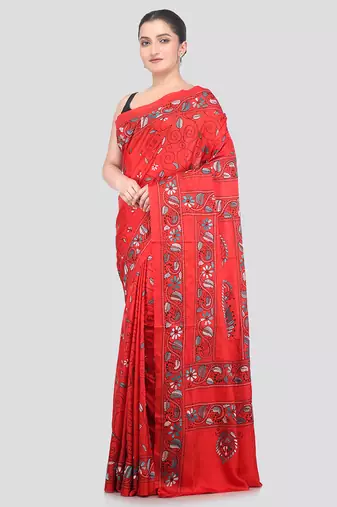 red handloom silk embroidered katha stitch work saree with blouse piece