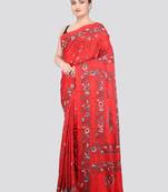 red handloom silk embroidered katha stitch work saree with blouse piece