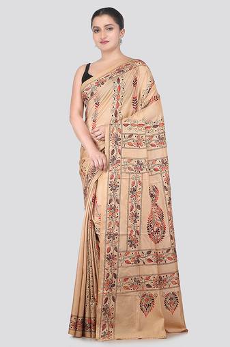 beige handloom silk embroidered katha stitch work saree with blouse piece