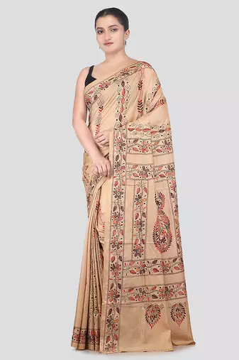 beige handloom silk embroidered katha stitch work saree with blouse piece