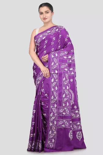 violet handloom silk embroidered katha stitch work saree with blouse piece