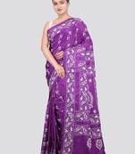 violet handloom silk embroidered katha stitch work saree with blouse piece