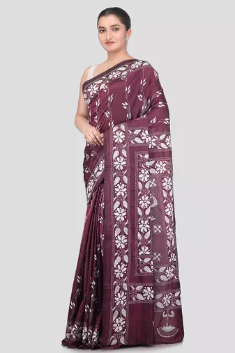 wine handloom silk embroidered katha stitch work saree with blouse piece