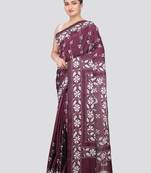 wine handloom silk embroidered katha stitch work saree with blouse piece