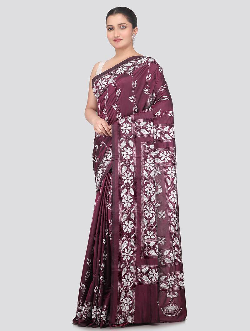 wine handloom silk embroidered katha stitch work saree with blouse piece