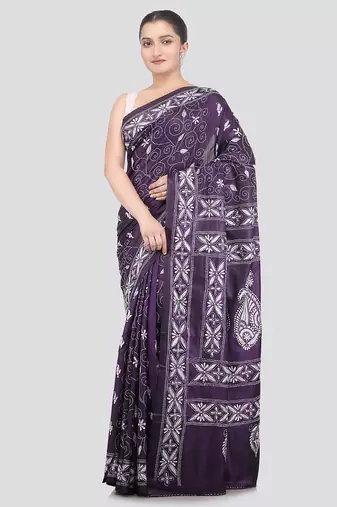 purple handloom silk embroidered katha stitch work saree with blouse piece