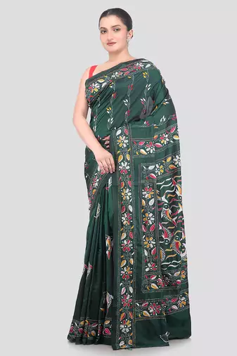 green handloom silk embroidered katha stitch work saree with blouse piece