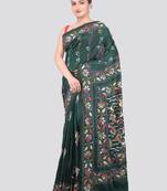 green handloom silk embroidered katha stitch work saree with blouse piece