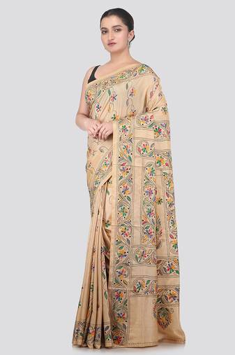 beige handloom silk embroidered katha stitch work saree with blouse piece