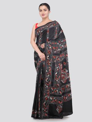 black handloom silk embroidered katha stitch work saree with blouse piece 1