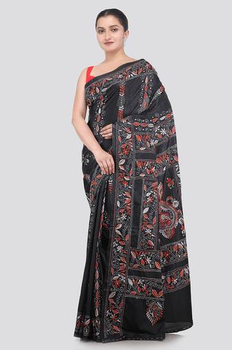 black handloom silk embroidered katha stitch work saree with blouse piece