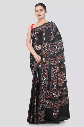 black handloom silk embroidered katha stitch work saree with blouse piece