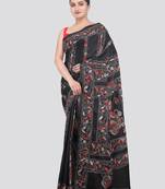 black handloom silk embroidered katha stitch work saree with blouse piece