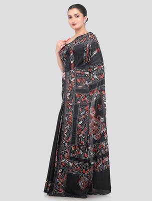 black handloom silk embroidered katha stitch work saree with blouse piece 2