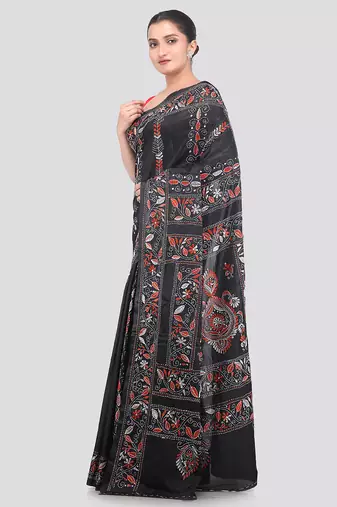 black handloom silk embroidered katha stitch work saree with blouse piece