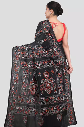 black handloom silk embroidered katha stitch work saree with blouse piece
