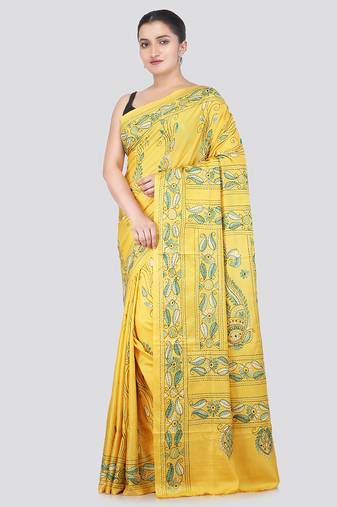 yellow handloom silk embroidered katha stitch work saree with blouse piece