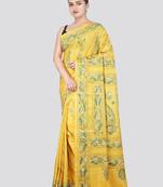 yellow handloom silk embroidered katha stitch work saree with blouse piece