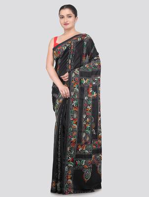 black handloom silk embroidered katha stitch work saree with blouse piece 1